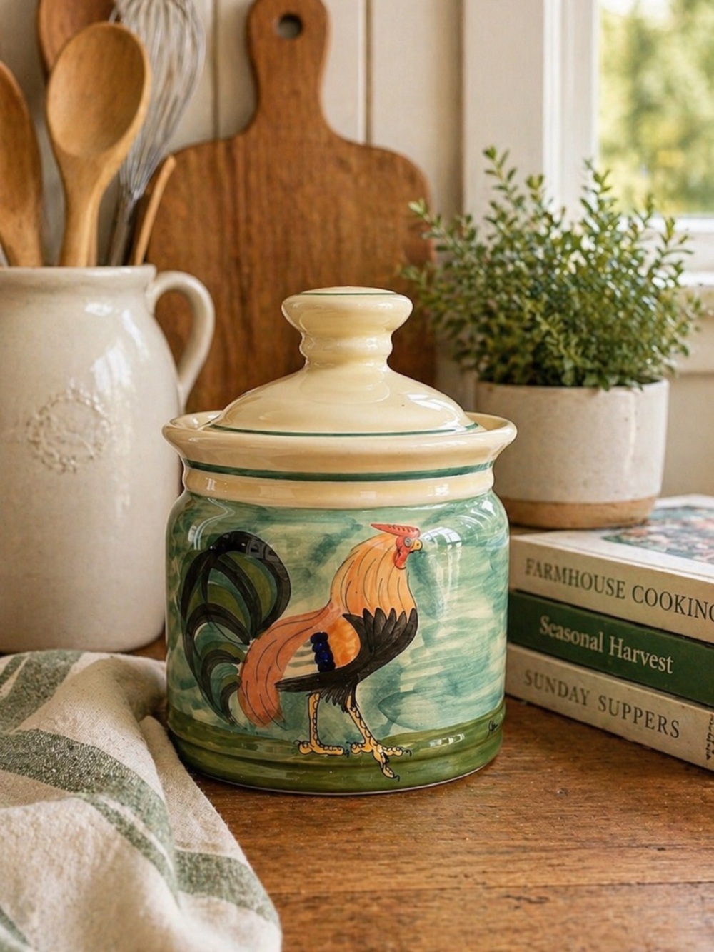 Vintage Oxney Green Rooster Canister Jar Made in England Farmhouse Kitchen